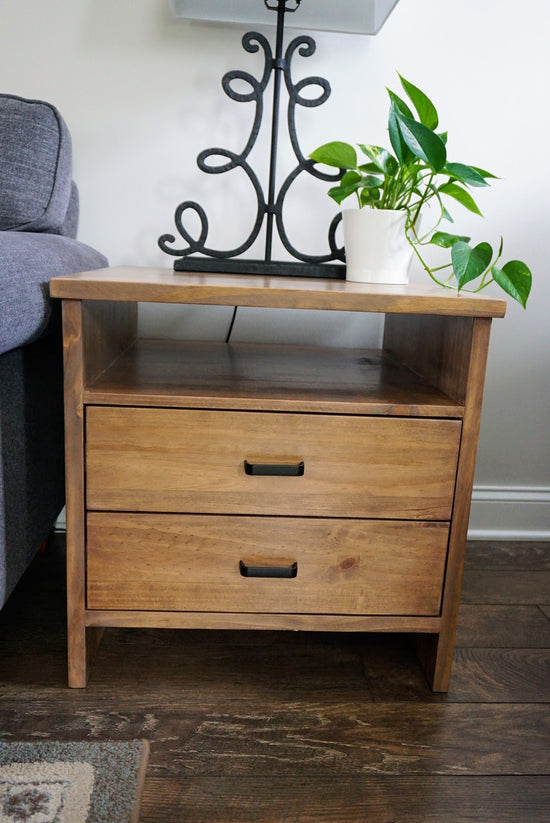 Side Table with soft close drawers and open shelf.